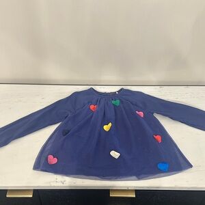 Mini Boden Blue Long Sleeve Tulle Top with Colorful Heart Accents Size 3-4
